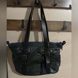 Black Leather Tote Bag with Blue Accents